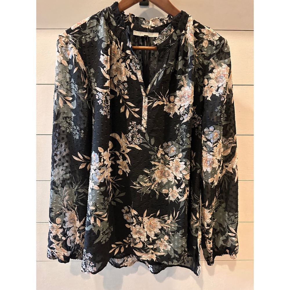 Daniel Rainn Black Floral Metallic Clip Dot Ruffle Neck Blouse Large D17969PD2